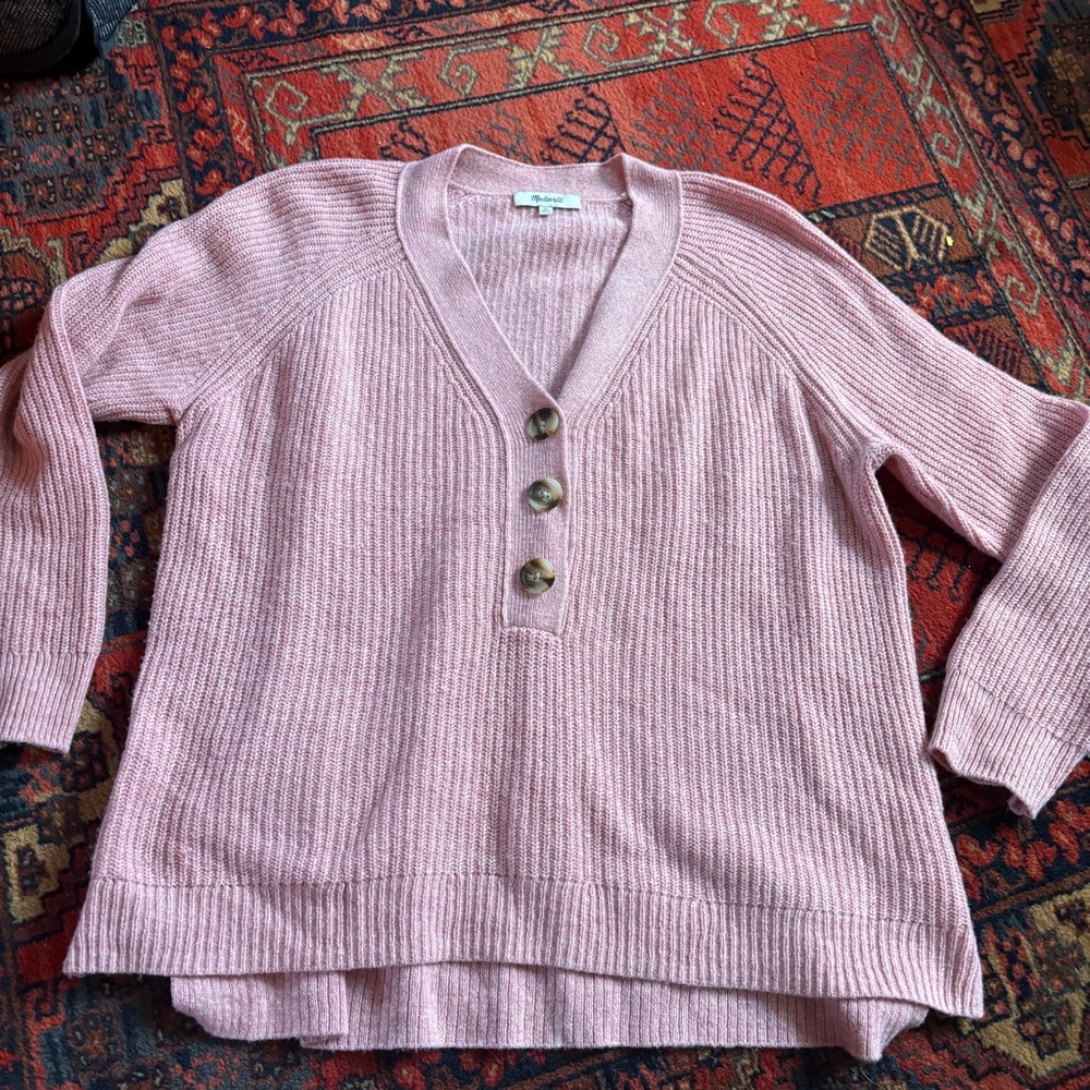 Madewell Pink V-Neck Merino Wool Blend Sweater